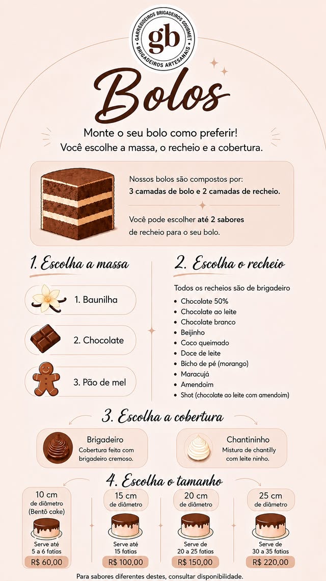 Cardápio de bolos da Gabrideiros