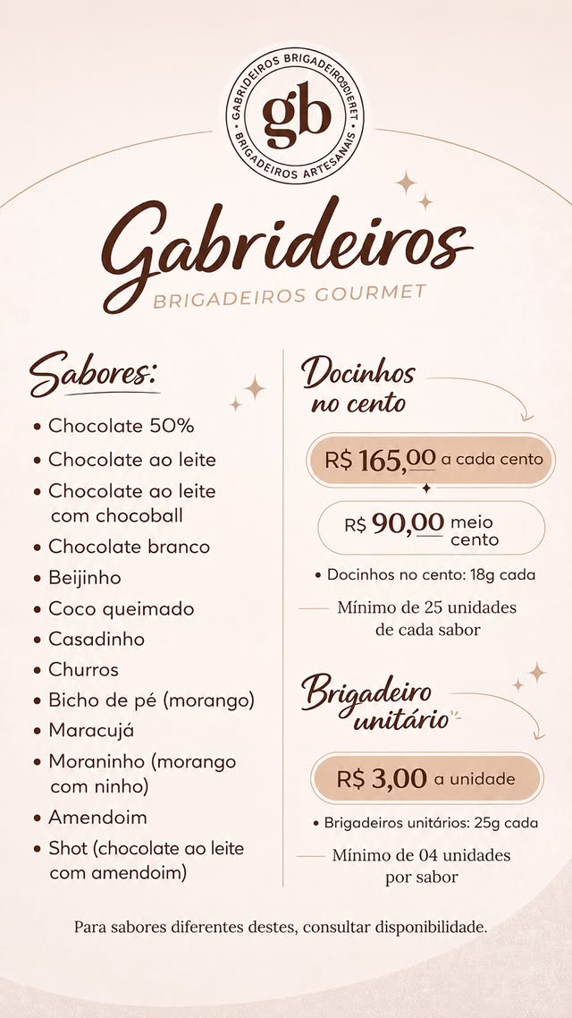Cardápio de brigadeiros da Gabrideiros